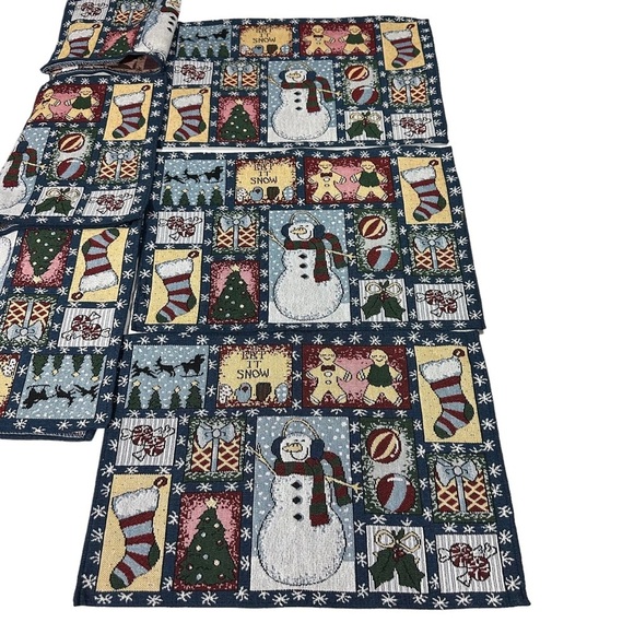 Set of 6 Let It Snow Tapestry Table Placemats Christmas Winter Snowmen 19x12.5” - Picture 2 of 10
